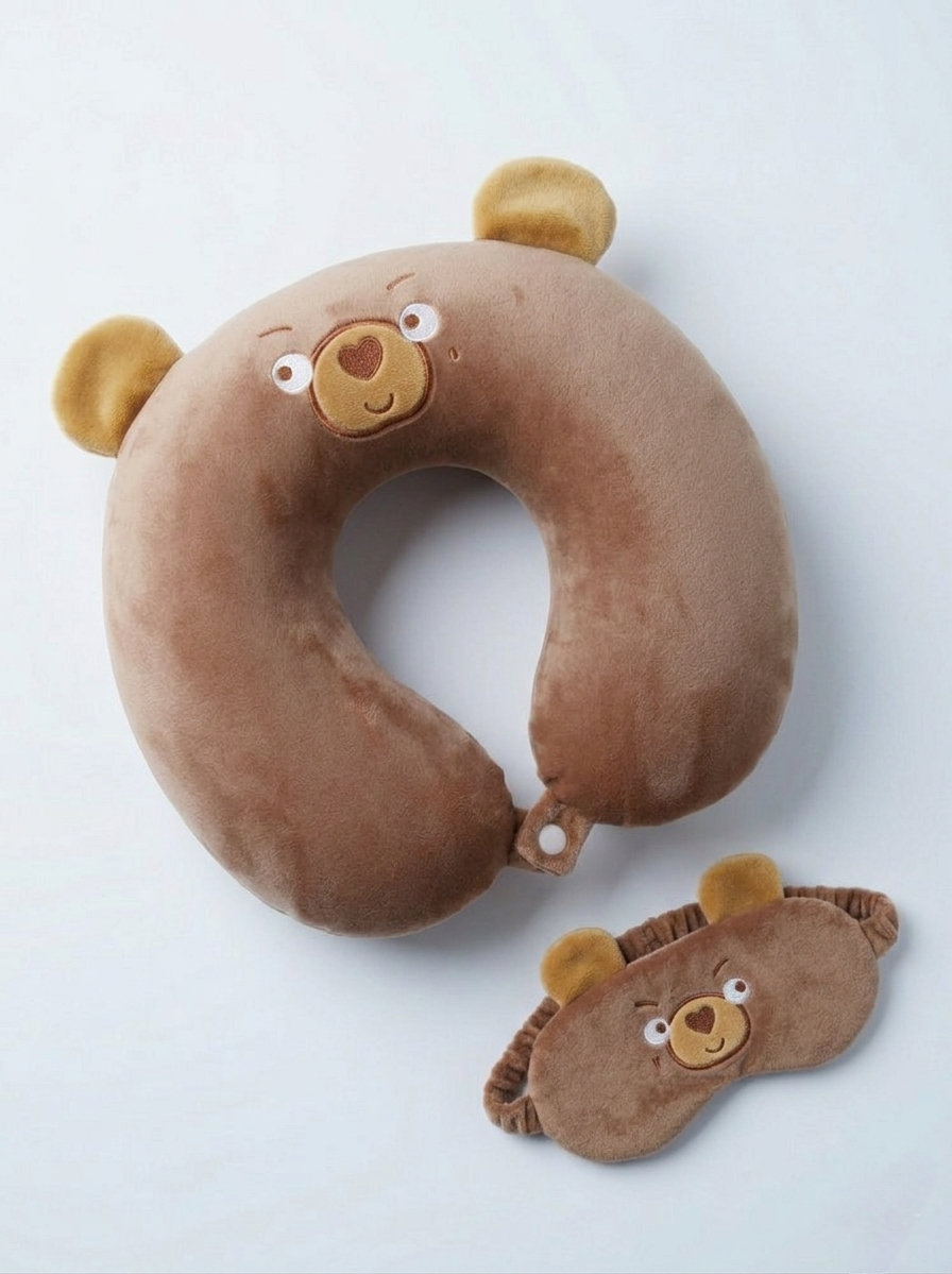 Bear-themed travel neck pillow and sleep mask set