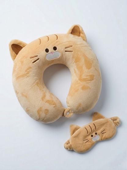 Cat plush travel neck pillow with matching sleep mask