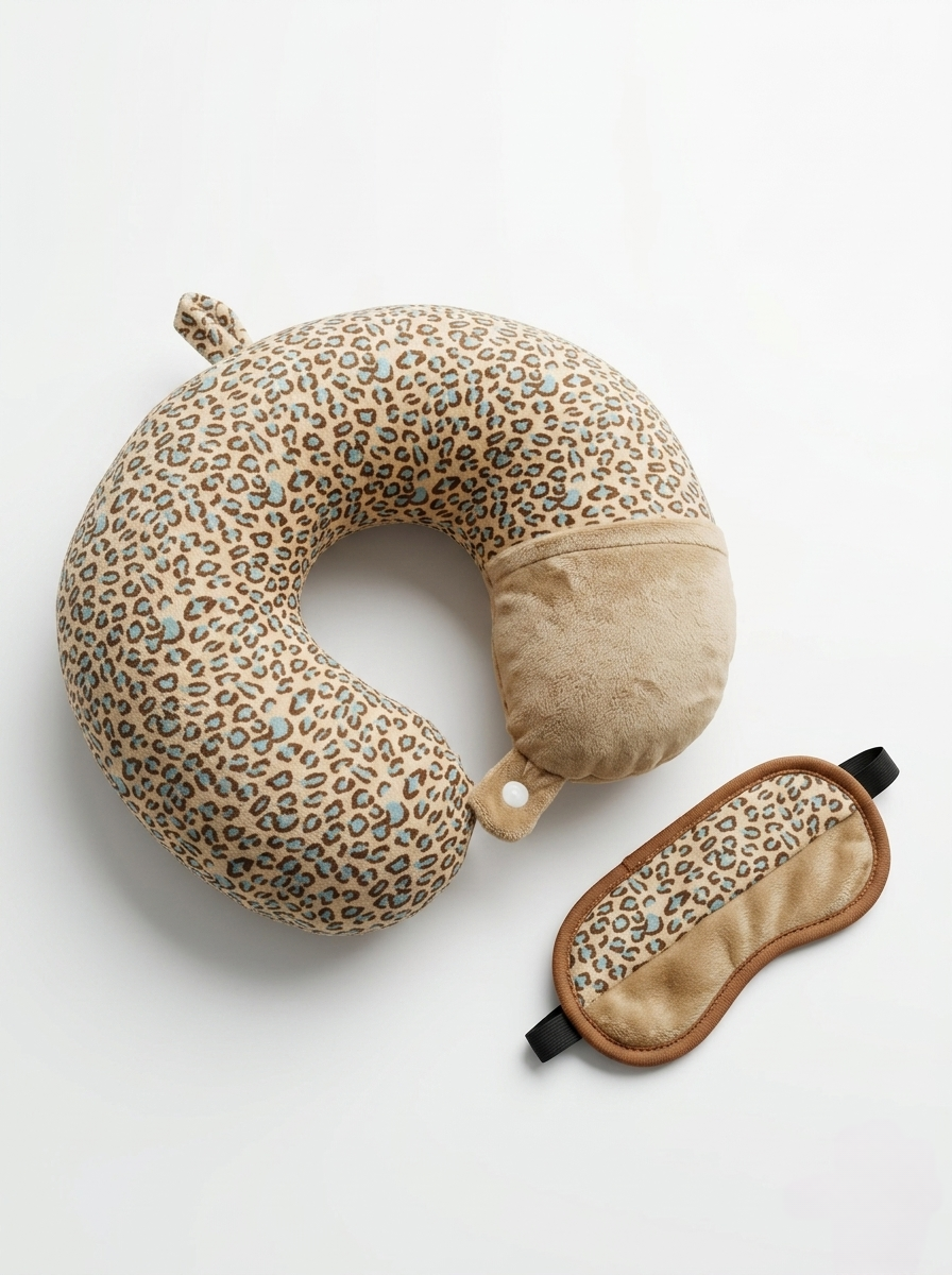 Leopard print travel neck pillow and sleep mask set