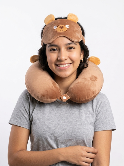 Bear-themed travel neck pillow and sleep mask set