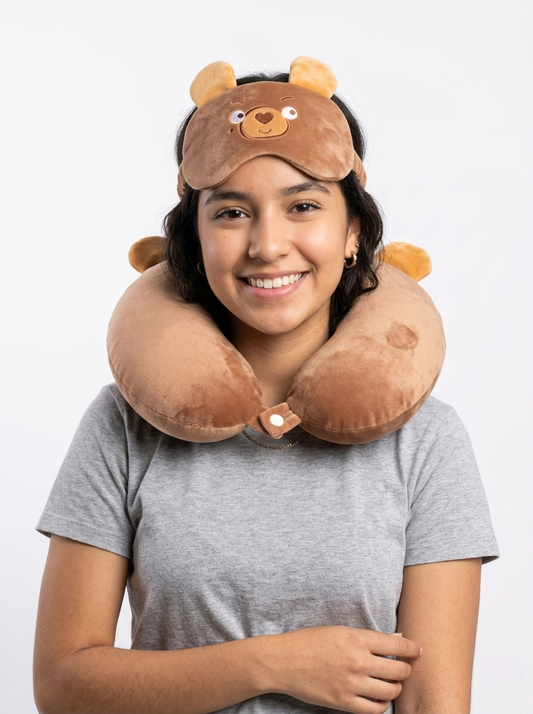 Bear-themed travel neck pillow and sleep mask set
