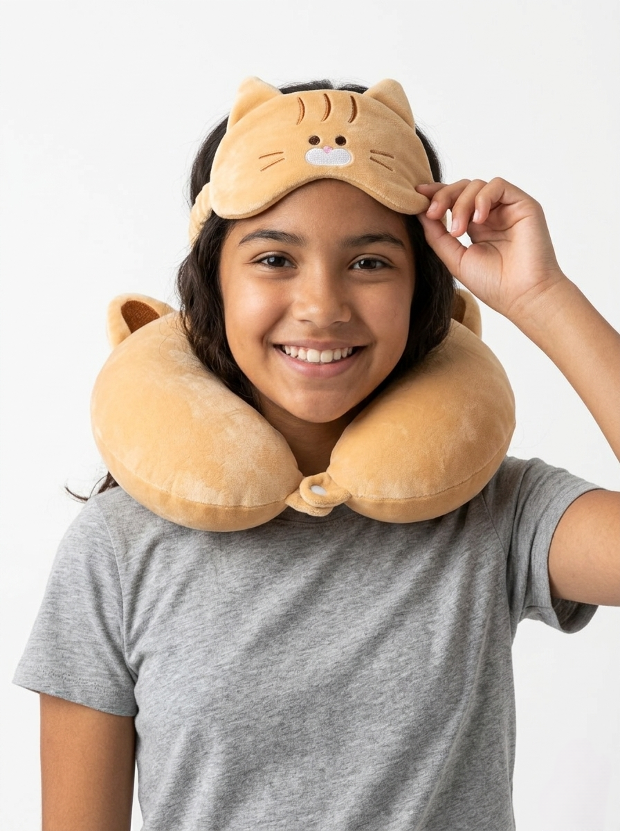 Cat plush travel neck pillow with matching sleep mask