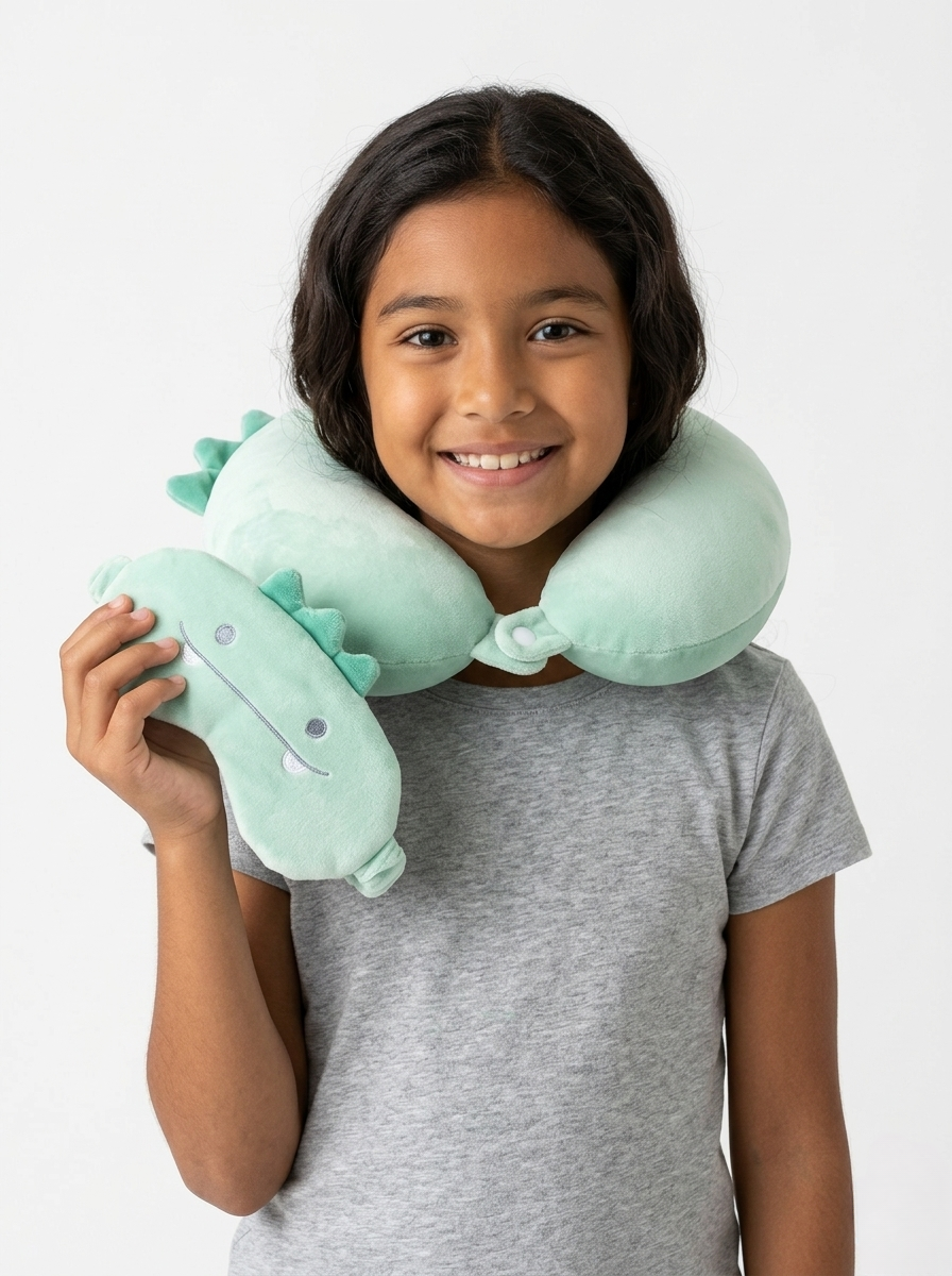 Dinosaur travel neck pillow and sleep mask set