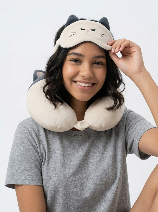 Cat travel neck pillow and sleep mask set