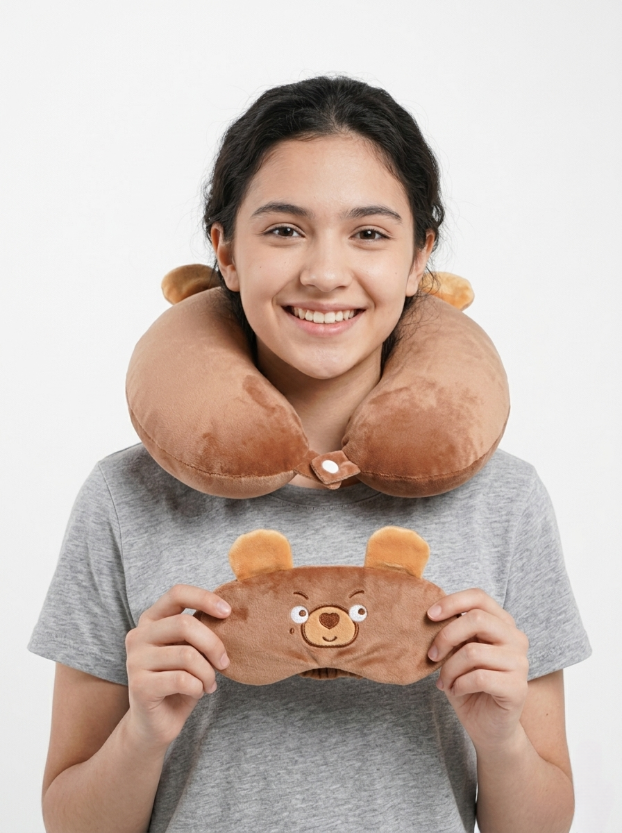 Bear-themed travel neck pillow and sleep mask set