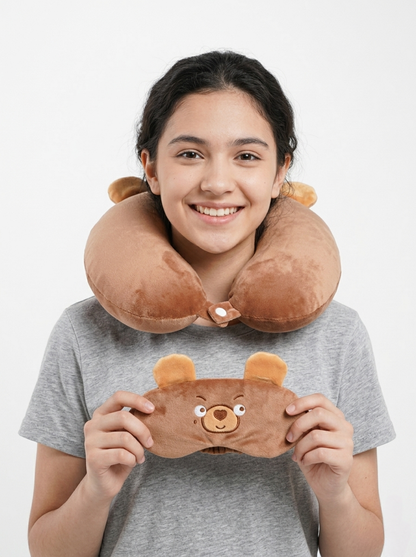 Bear-themed travel neck pillow and sleep mask set