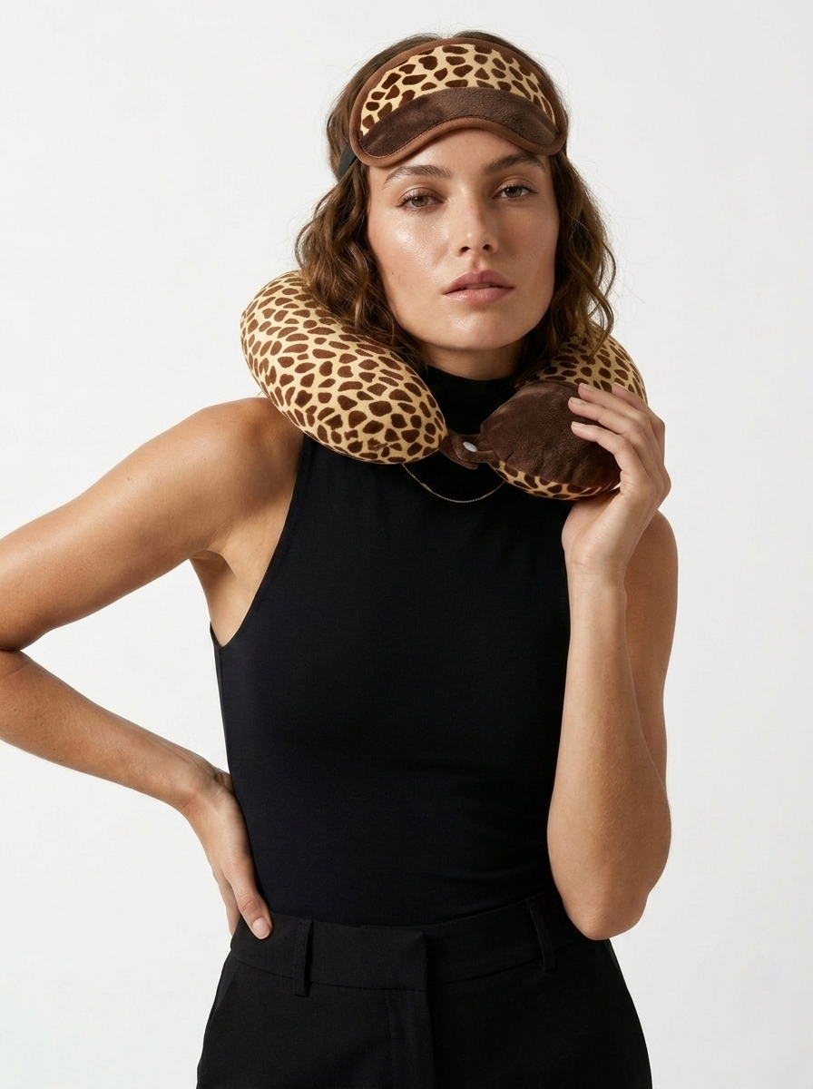 Giraffe print travel neck pillow and sleep mask set