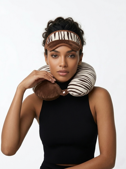 Zebra print travel neck pillow and sleep mask set