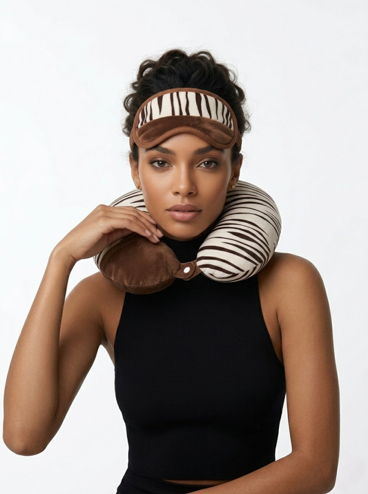 Zebra print travel neck pillow and sleep mask set